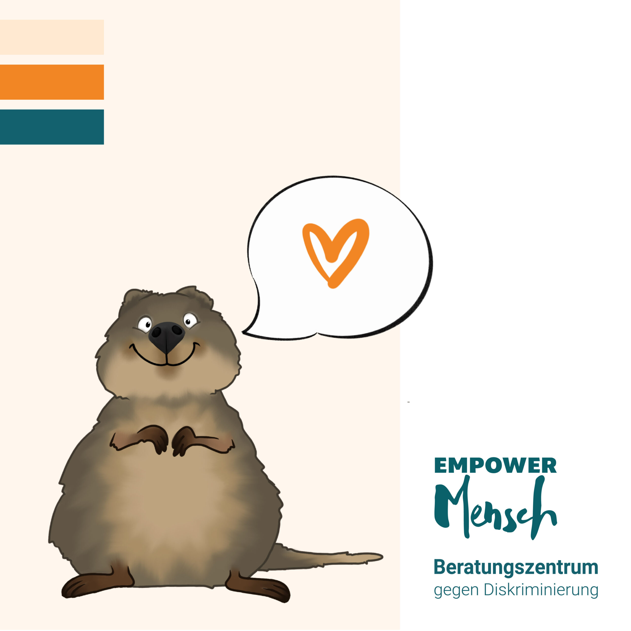 Ein Quokka mit einer Sprechblase in der ein Herz ist (Maskottchen von Empowermensch)