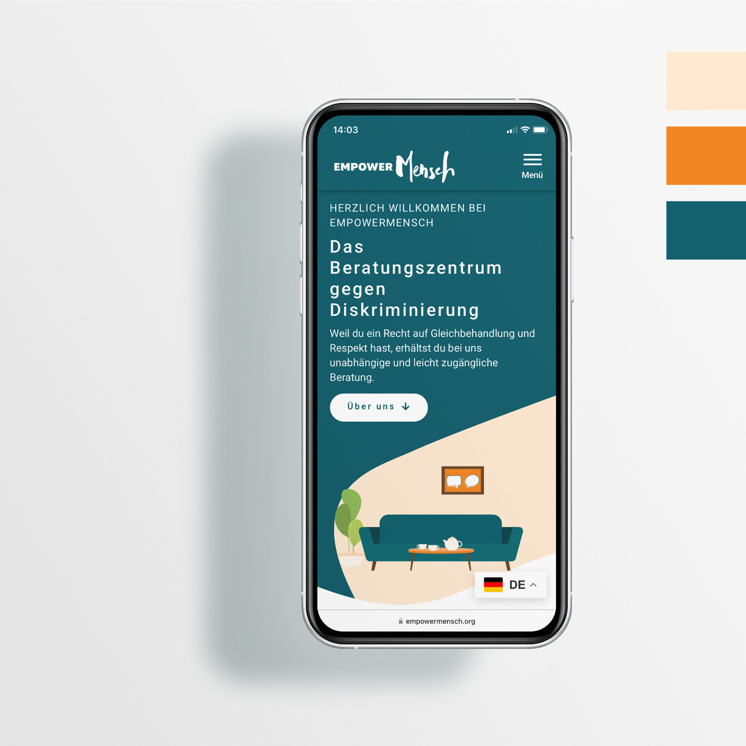 Smartphone auf dem die Startseite des Website von Empowermensch geöffnet ist