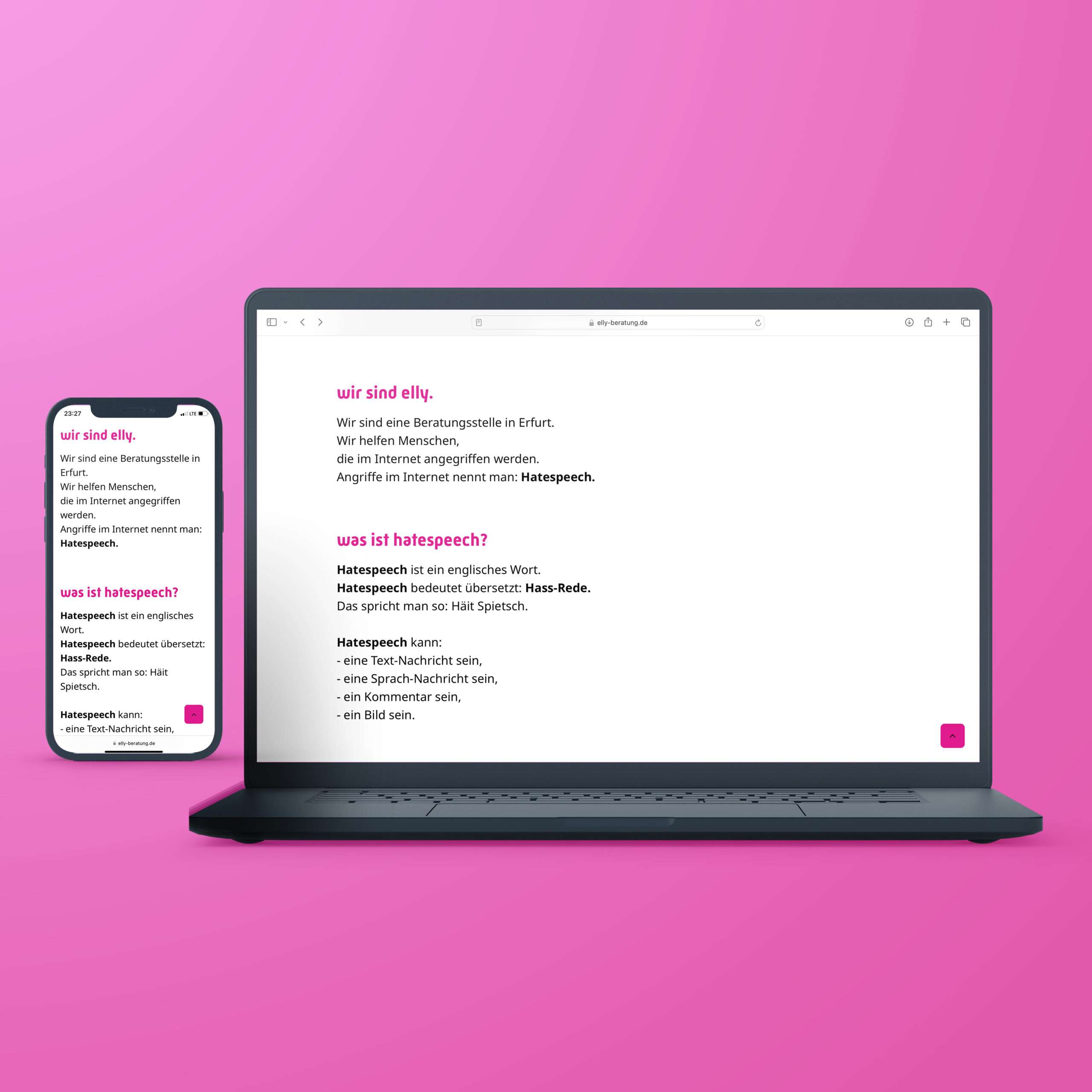 Smartphone und Laptop nebeneinander. Auf den Bildschirmen wird ein Text in Leichter Sprache gezeigt.