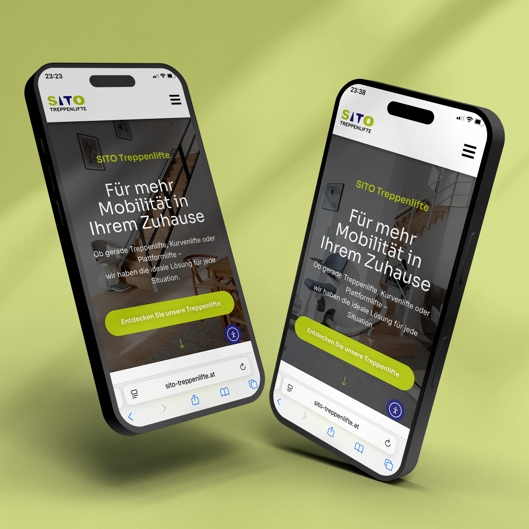 zwei Smartphones nebeneinander auf denen die Startseite von site-treppenlifte.at ge&ouml;ffnet ist