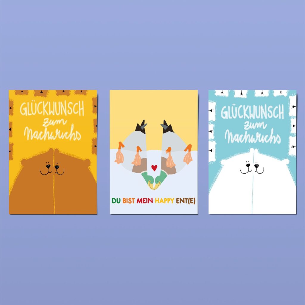 drei Postkarten Vorderseiten. Mit zwei kuschelnden Braunbären, Eisbären und Enten