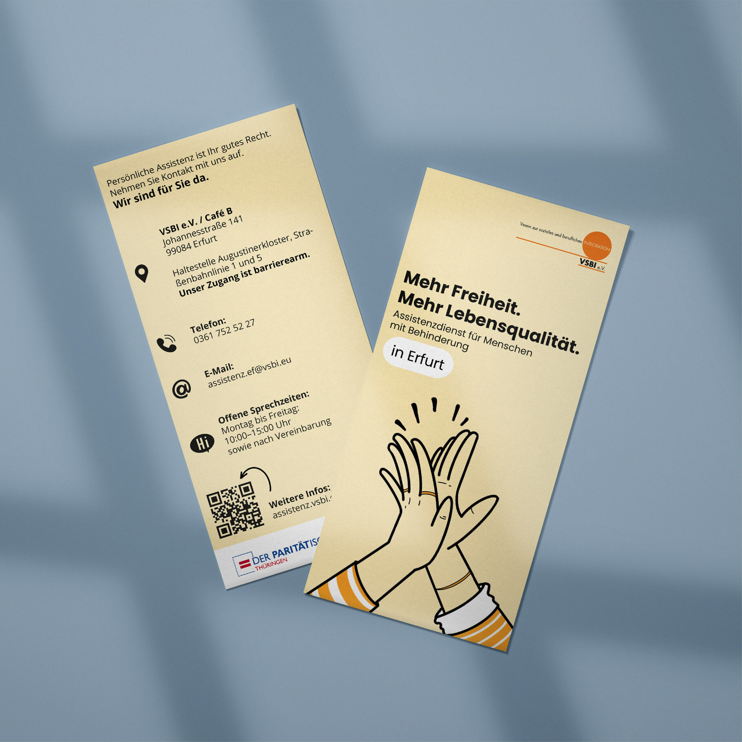 Vorder- und R&uuml;ckseite des Falzyflyers des Assistenzsdienst von VSBI e.V.