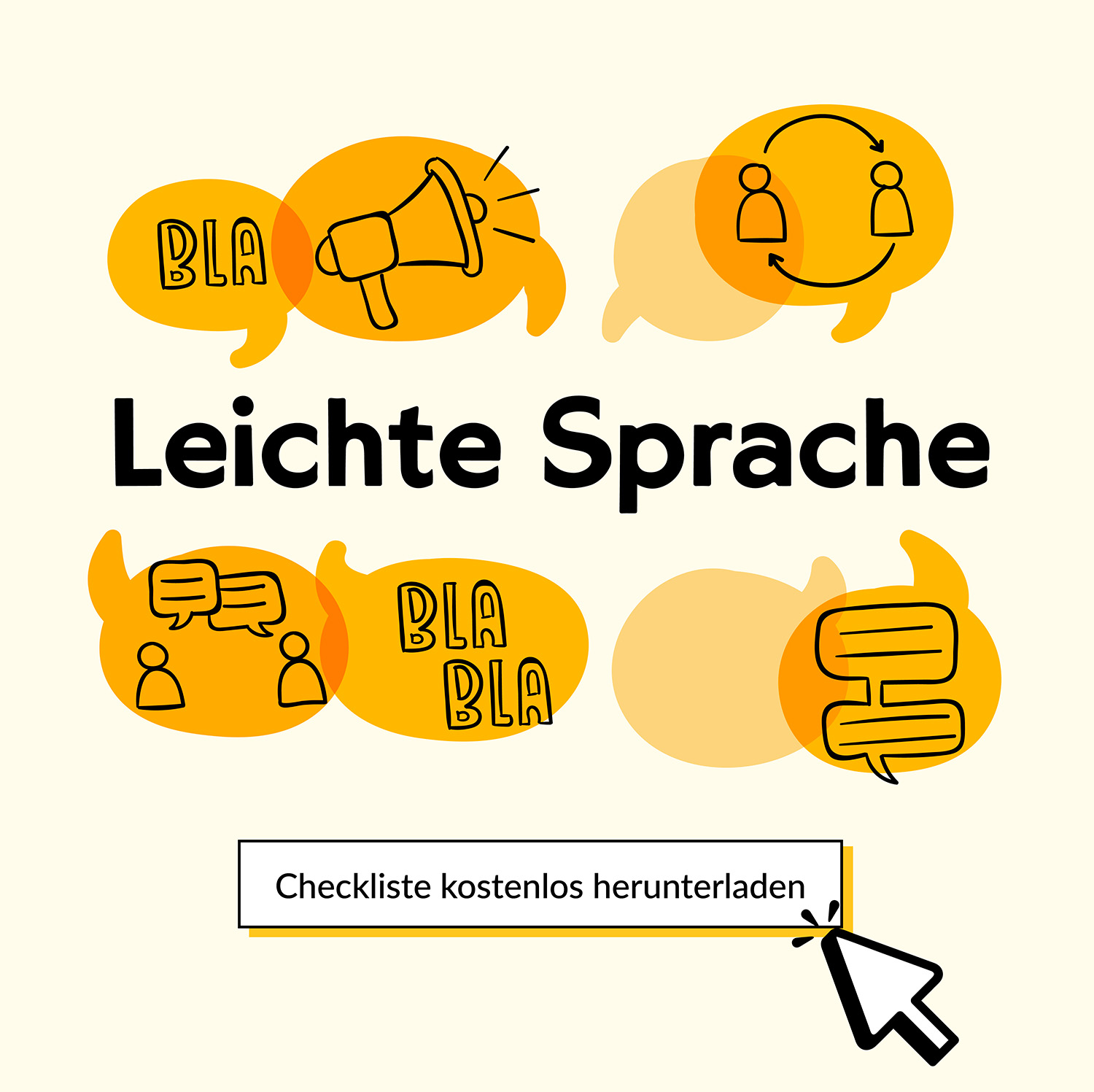 Viele Sprechblasen um das Wort Leichte Sprache herum.